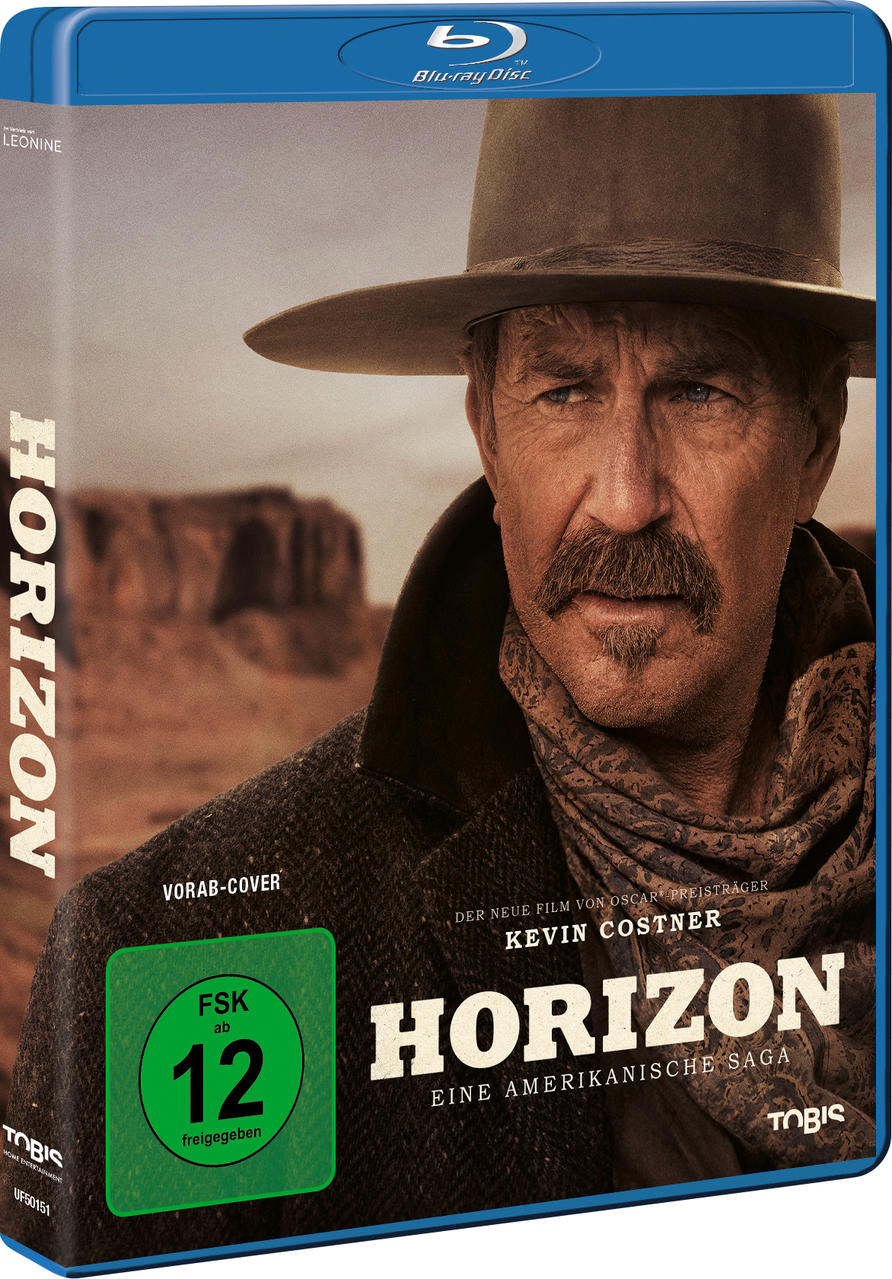 Blu-ray-Disc-Hülle für den Film "Horizon" mit einem Mann mit braunem Hut und Mantel.