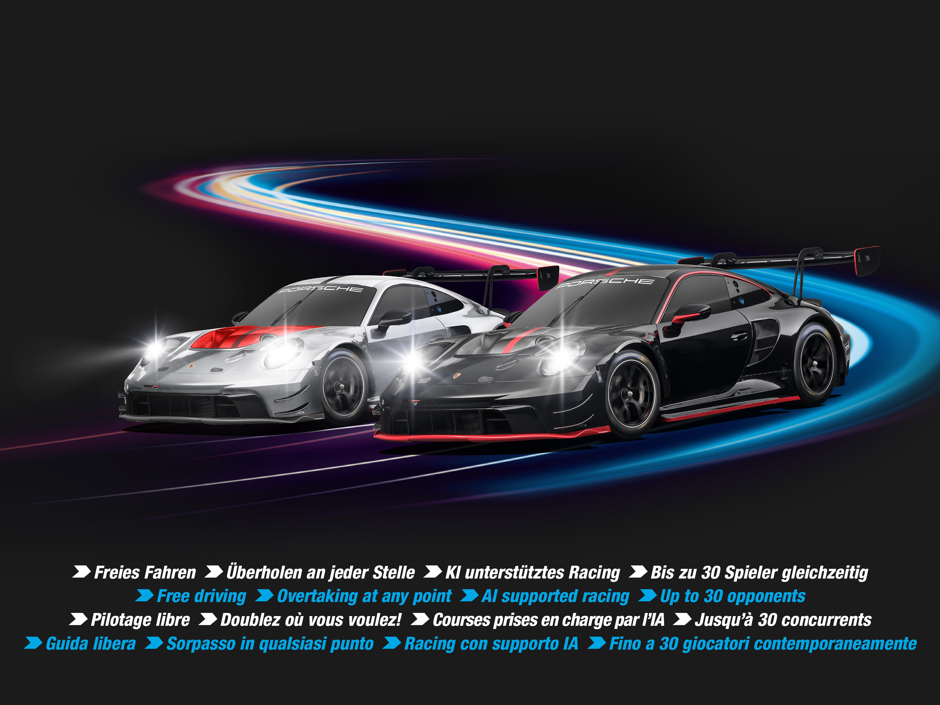 Zwei Porsche-Rennwagen, einer silber, einer schwarz, auf dunklem Hintergrund mit Geschwindigkeitsspuren. Text unten.