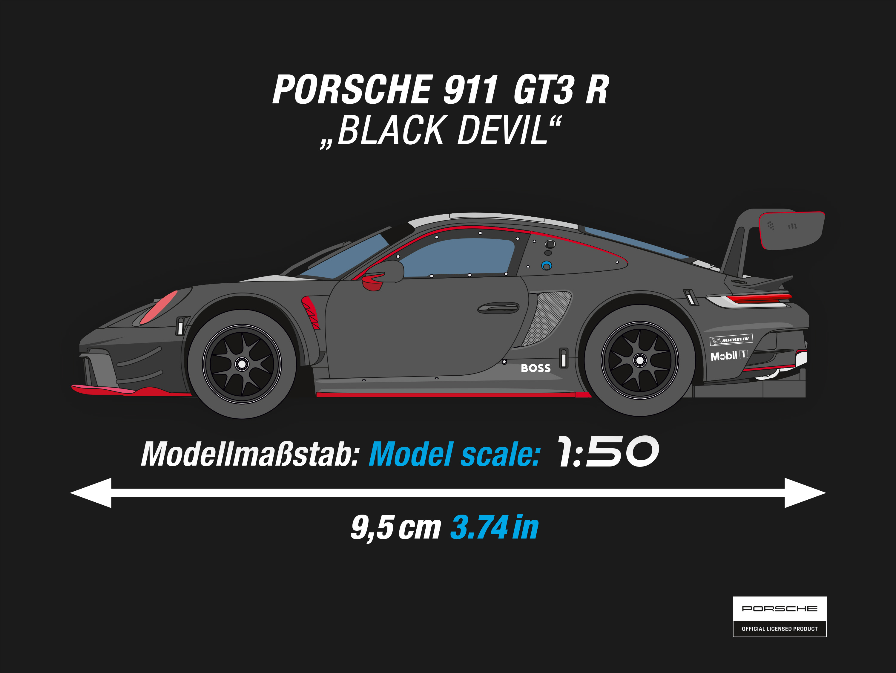 Graues Porsche 911 GT3 R Modellauto, mit roten Akzenten, schwarzen Rädern und dem Wort 'BLACK DEVIL'.