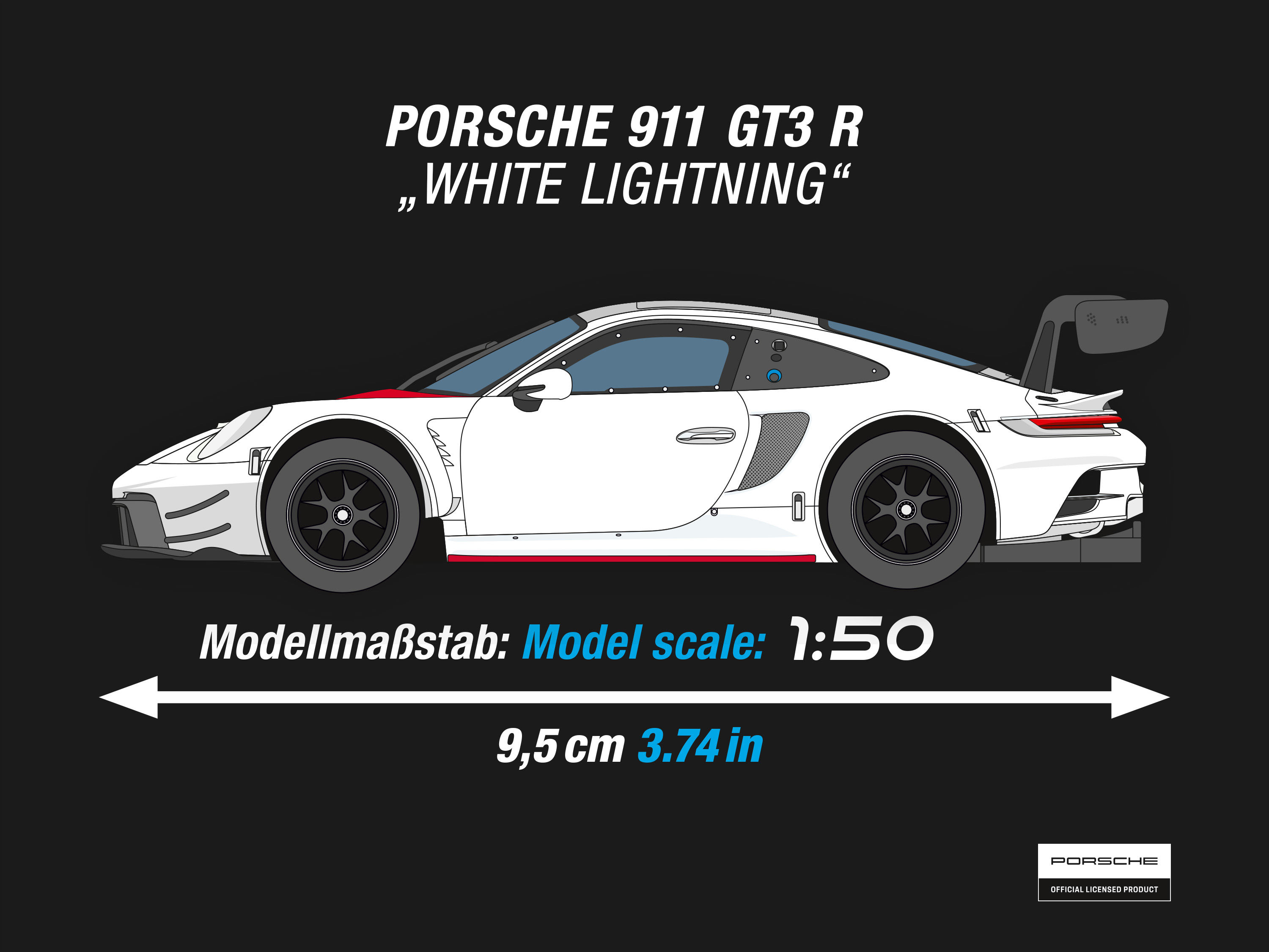 Ein weißer Porsche 911 GT3 R, mit der Aufschrift "White Lightning", Seitenansicht. Der Maßstab ist 1:50. Der Hintergrund ist schwarz.