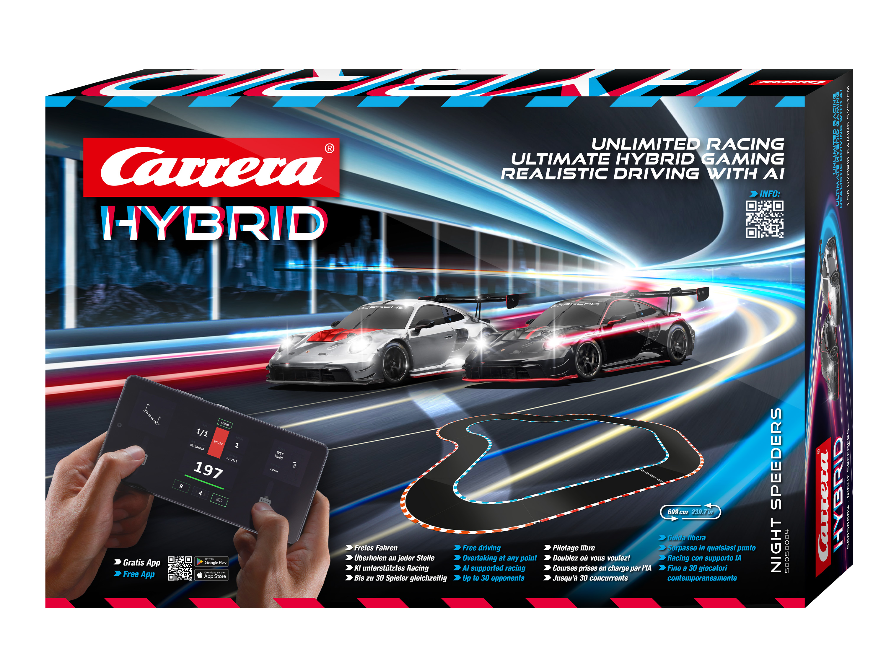 Box-Art: Carrera Hybrid Rennset mit Autos auf einer Strecke, Tablet und Spielfunktionen.