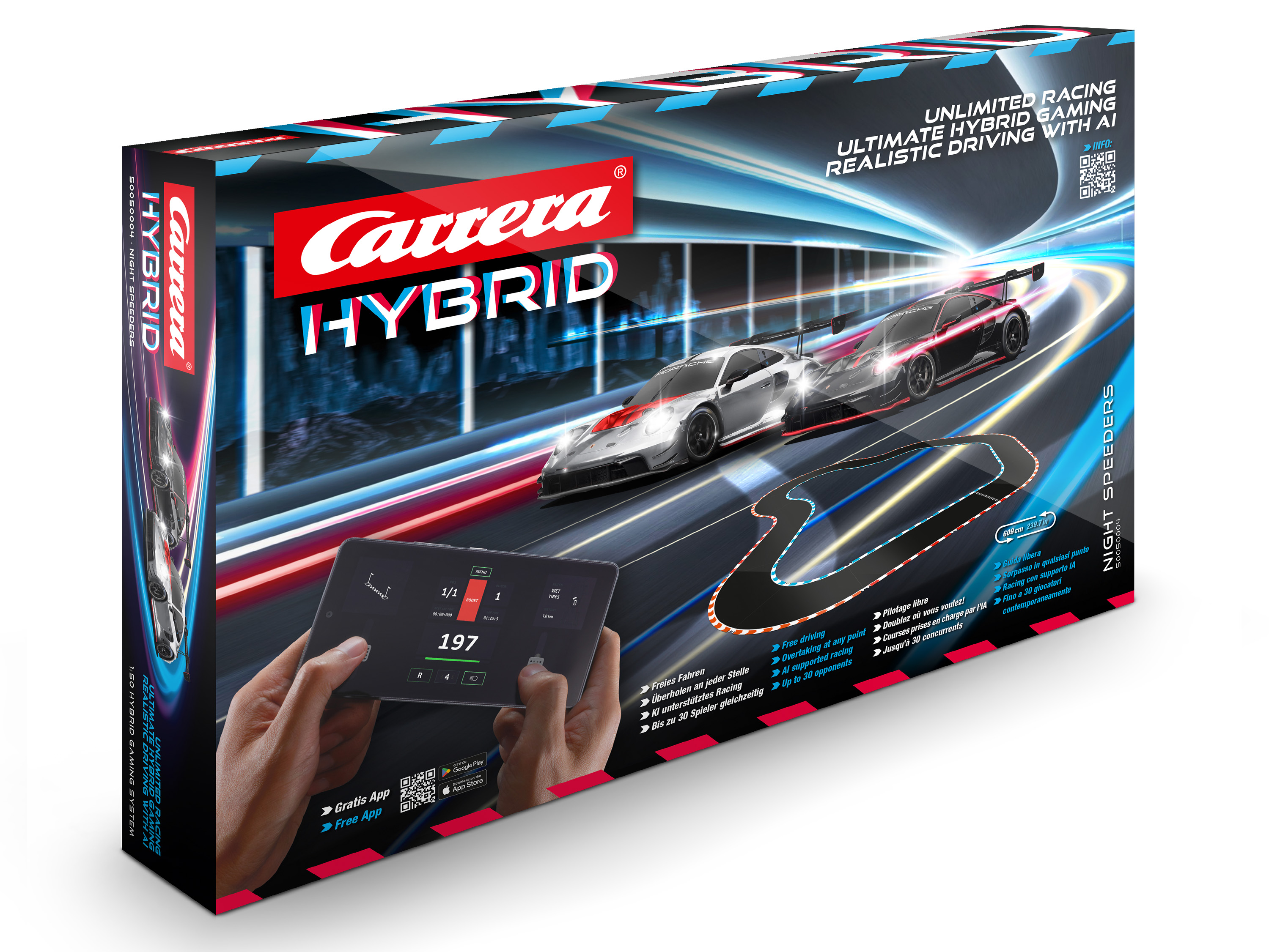 Schachtelkunst für das Carrera Hybrid Rennset. Mit Autos auf einer Rennstrecke, einem Tablet mit Statistiken, und Logo.