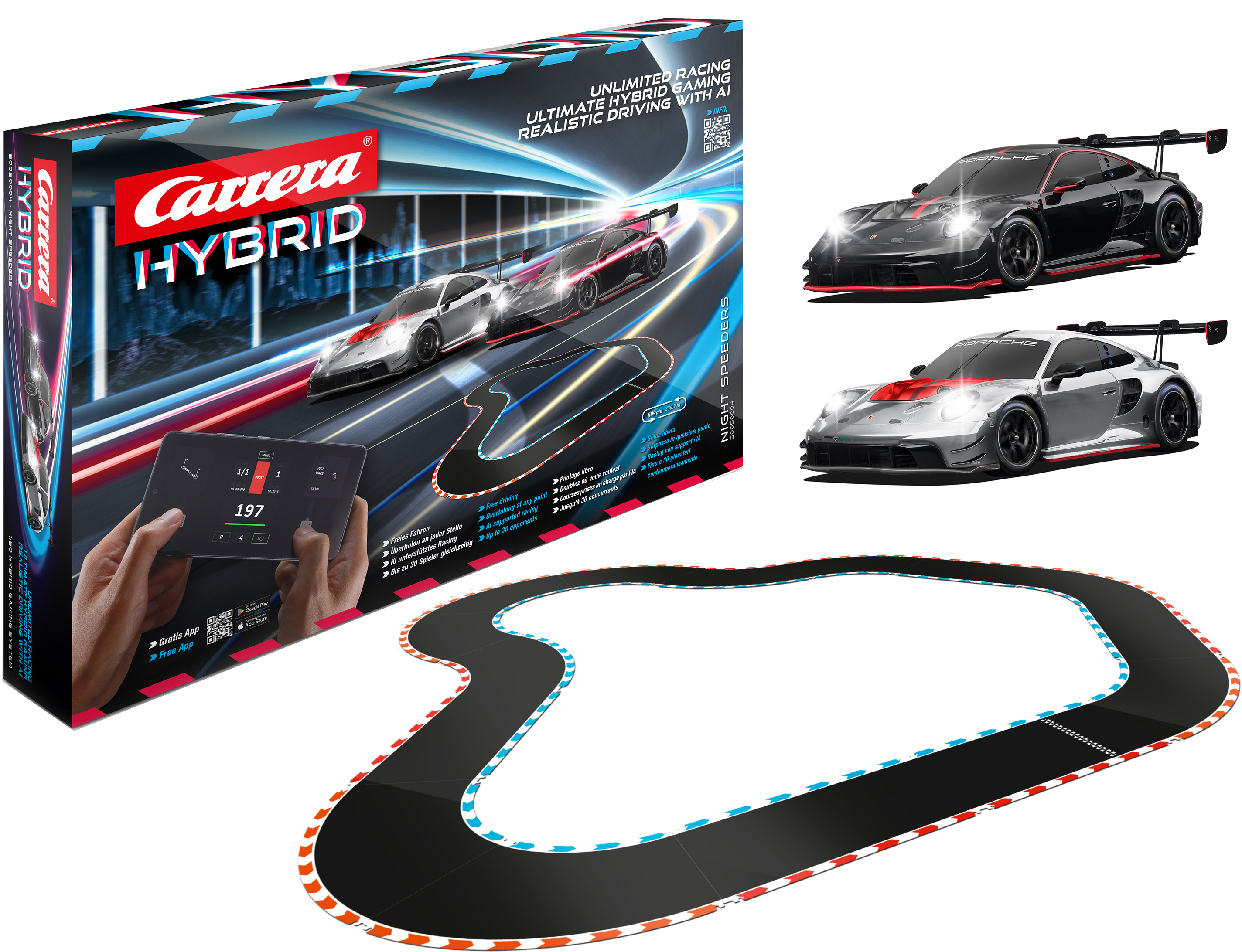 Carrera Hybrid Night Speeders Set mit Autos, Rennstrecke und Tablet-Oberfläche.