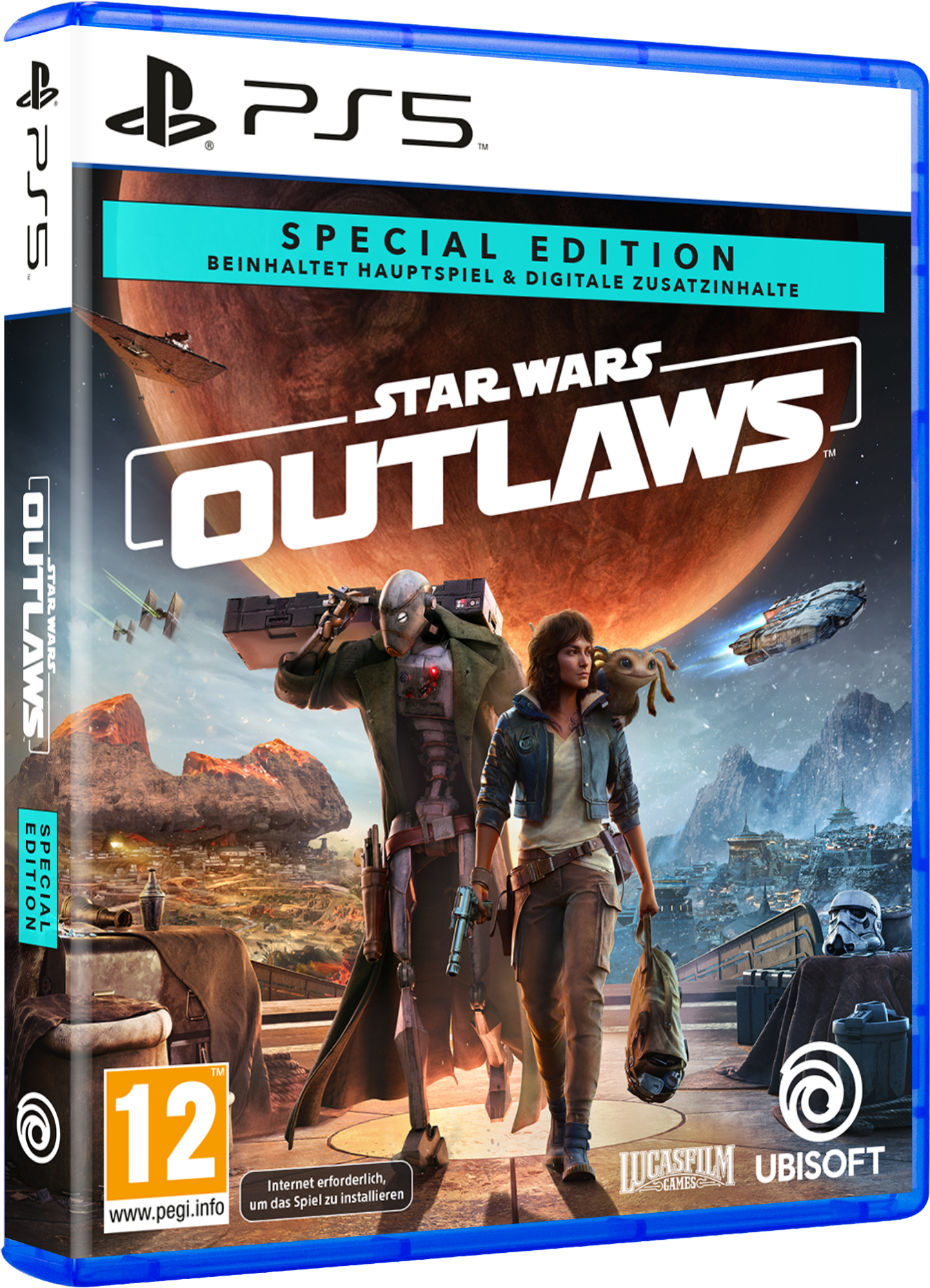 Spielverpackung für Star Wars Outlaws, Special Edition, PS5, mit Charakteren und Hintergrund.