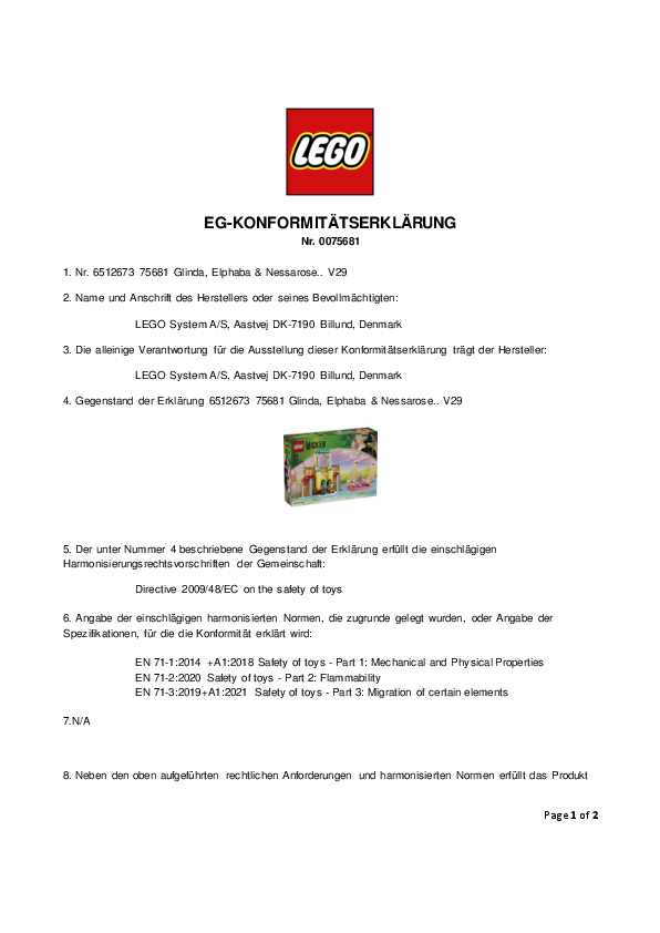 Ein Dokument mit dem LEGO-Logo und Text, einschließlich Produktinformationen und Konformitätsangaben.