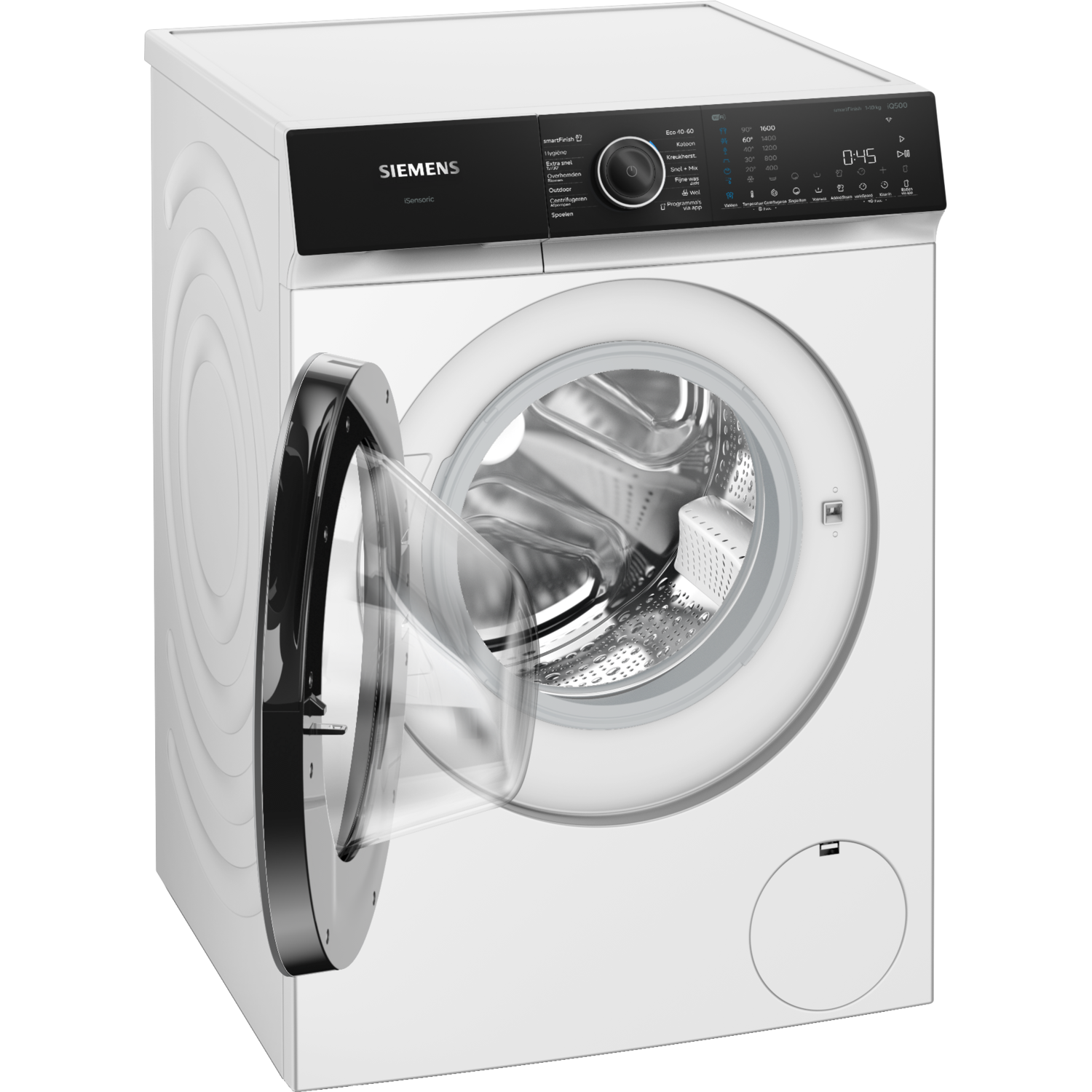 A white Siemens washing machine with the door open. The control panel and a black rim around the door are visible.