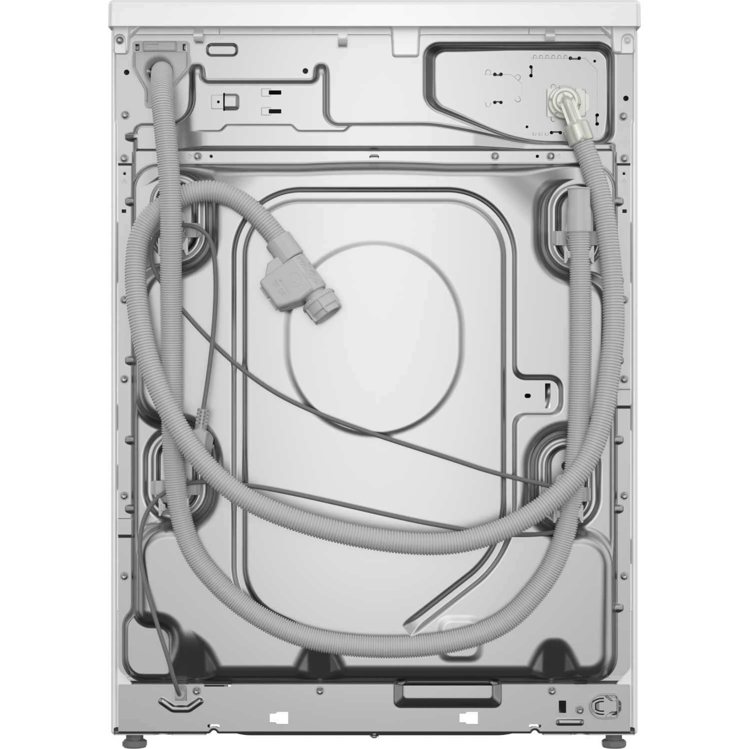 Back view of a white washing machine, showing hoses and internal components.