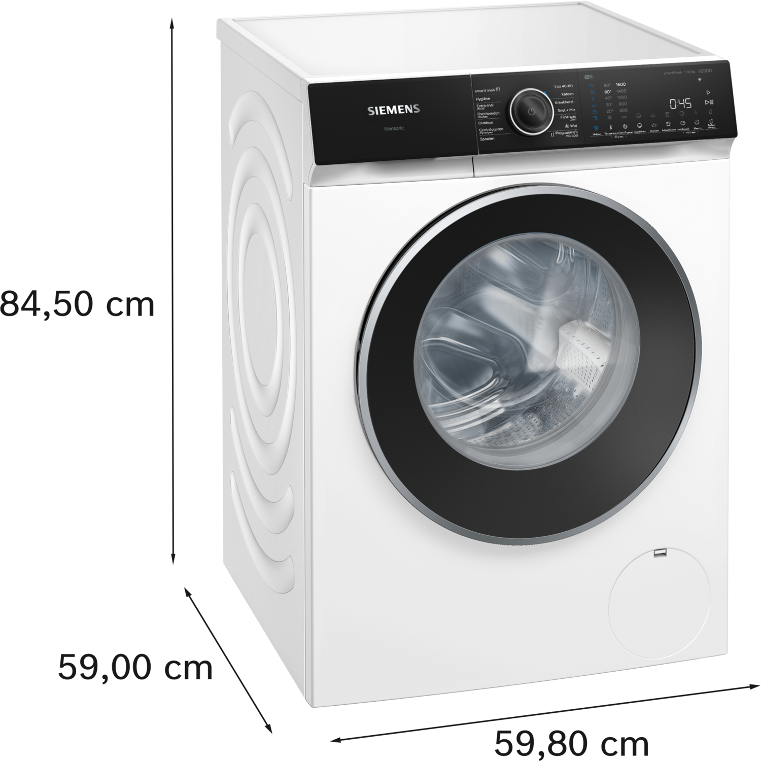 White washing machine with a black door and control panel.