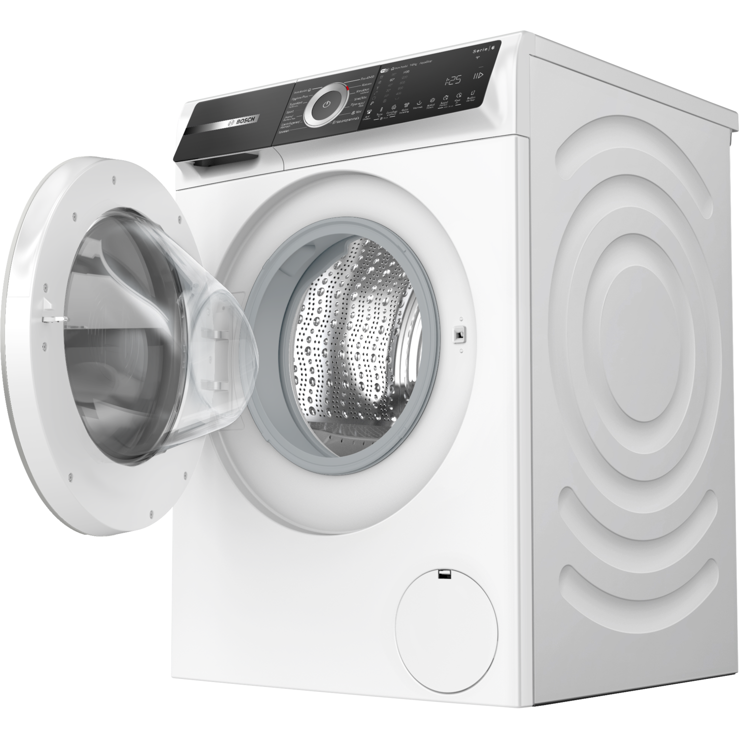 Een witte wasmachine met de deur open en diverse knoppen.