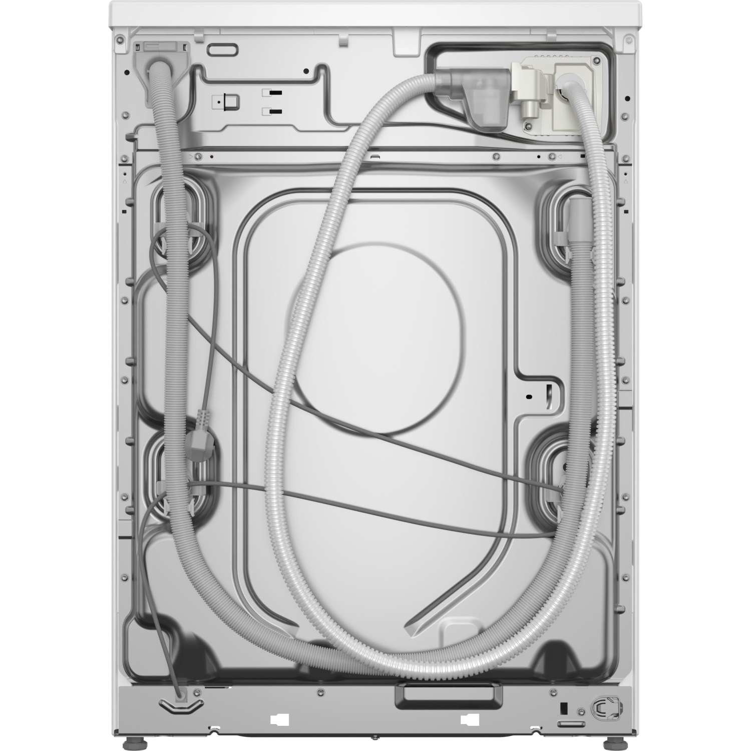 De achterkant van een witte wasmachine met slangen en interne componenten.