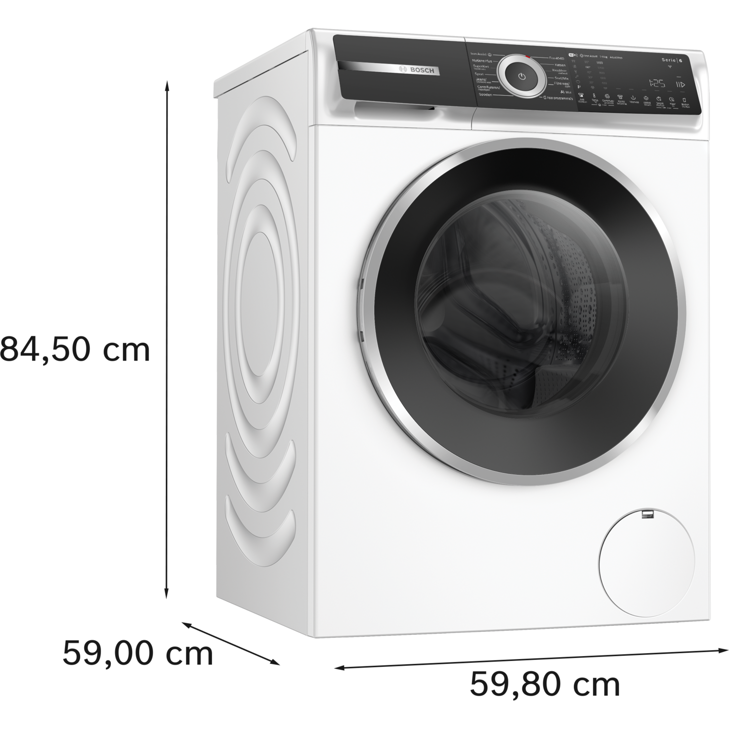 Een witte Bosch wasmachine met de deur gesloten. Het bedieningspaneel is zwart en heeft een ronde deur.