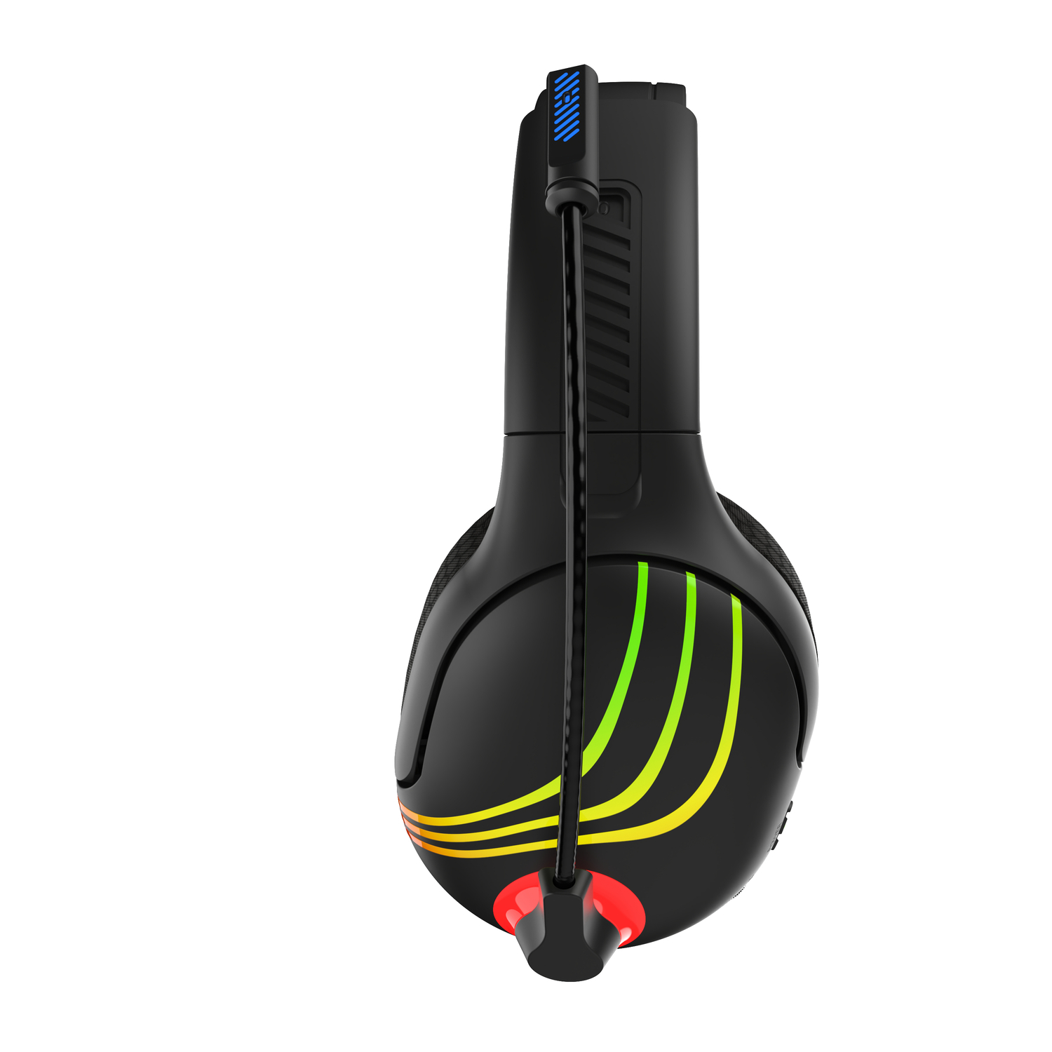 Un casque de jeu noir avec des lumières jaunes, vertes et rouges. Le câble est attaché.