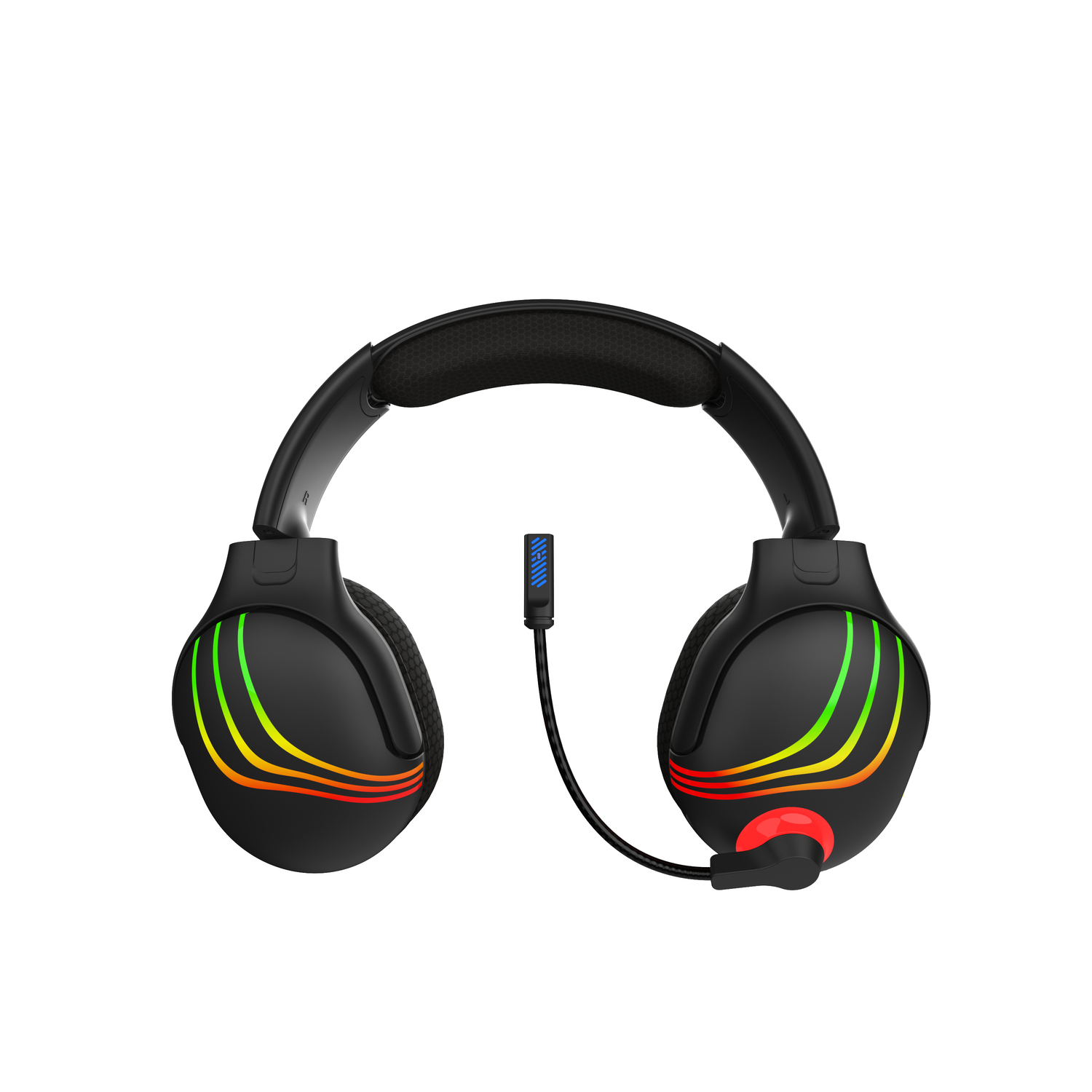 Casque de jeu noir avec lumières colorées sur les écouteurs et un microphone.