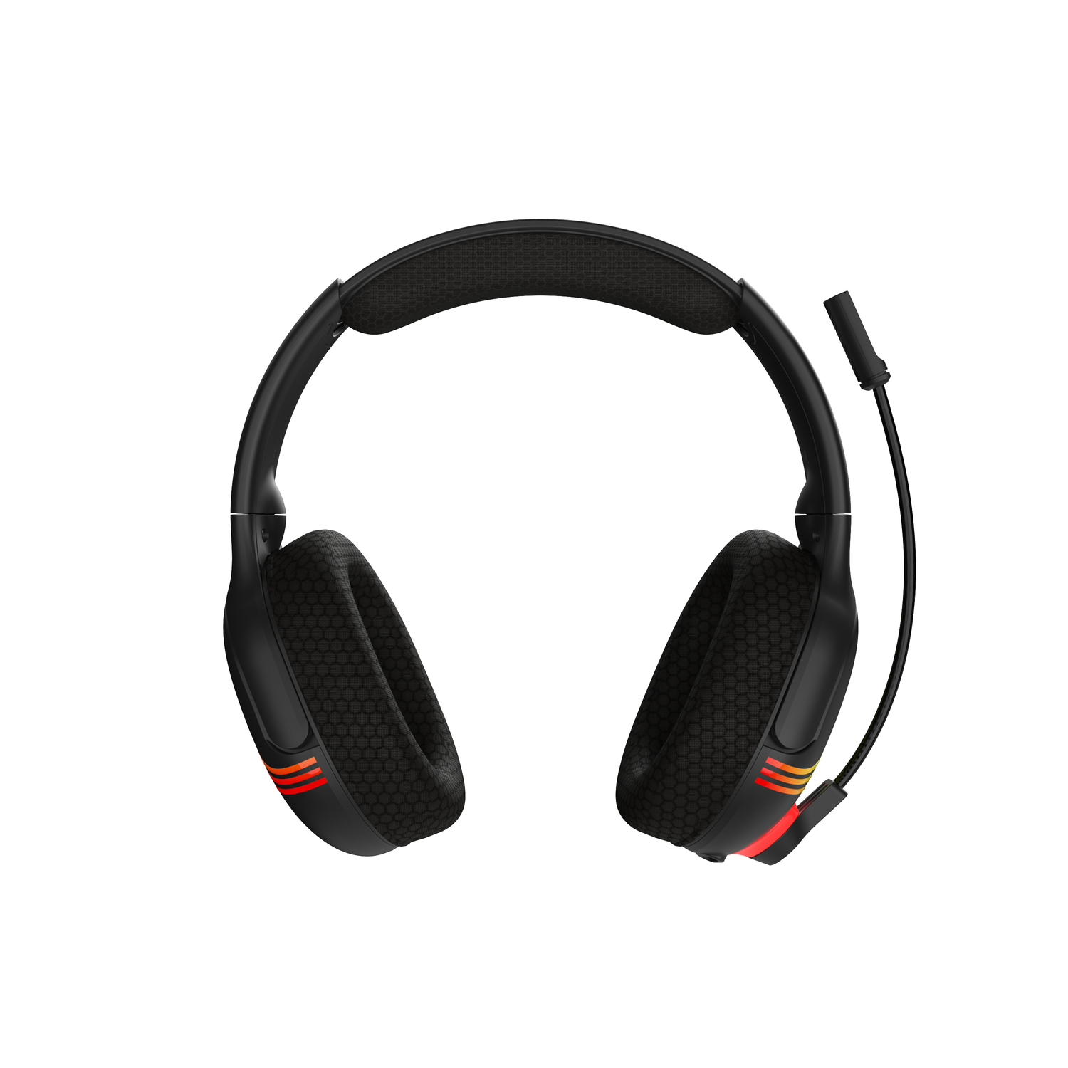 Casque noir avec microphone. Ils ont des rayures rouges, oranges et jaunes.
