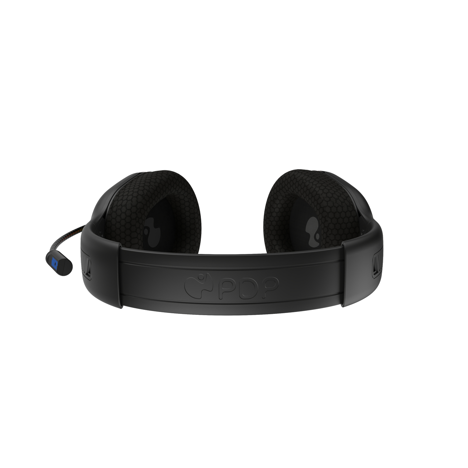 Casque de jeu noir avec un microphone, vue de dessus, sur fond blanc.