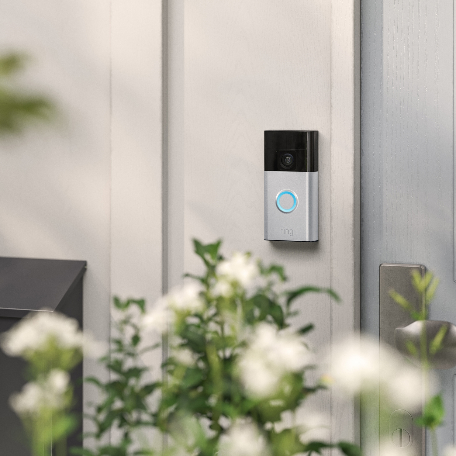 Silver Ring doorbell mounted on a white wall, with a blurred background of flowers and a door.