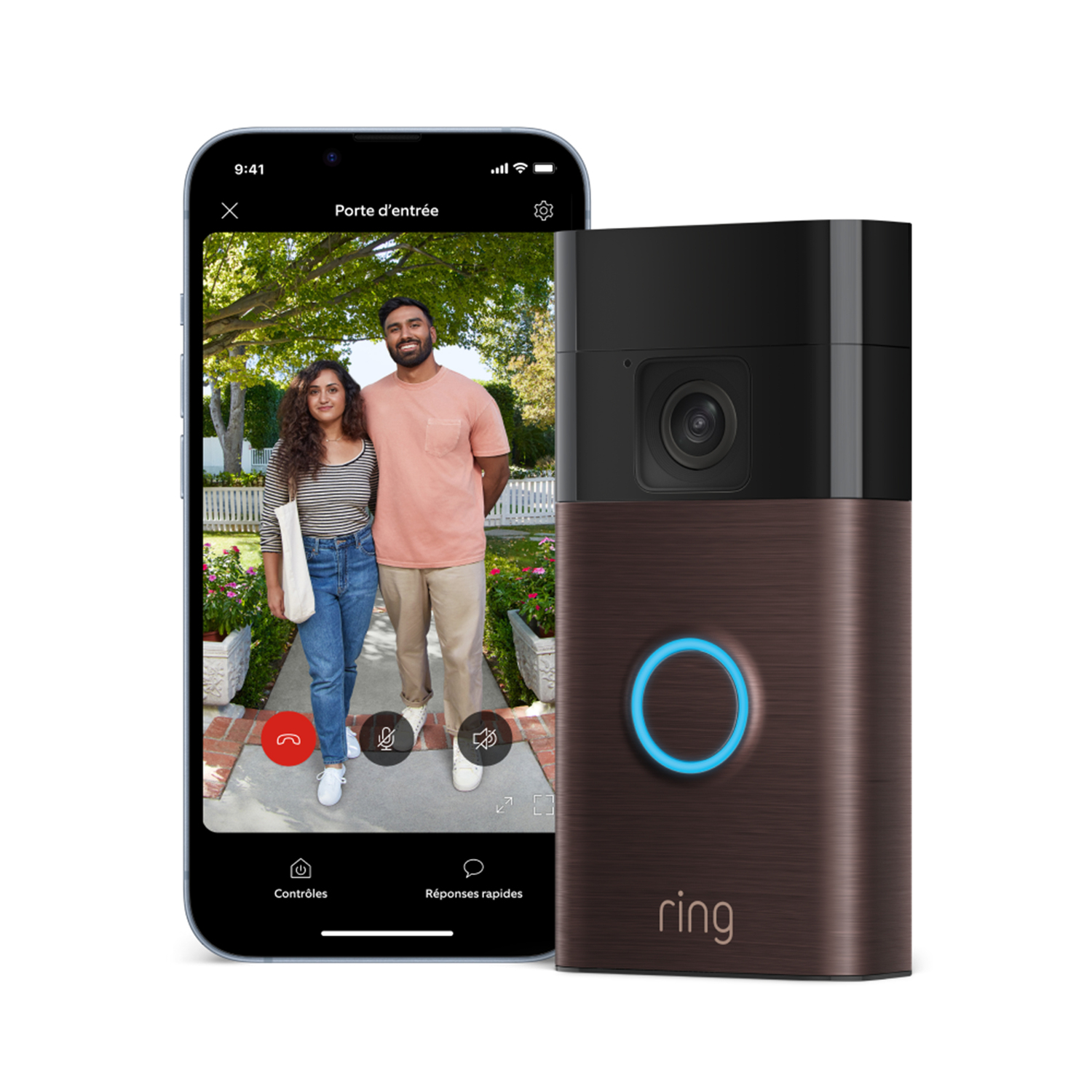 Sonnette Ring avec un smartphone montrant un couple à l'écran. Lumière bleue autour de l'anneau.