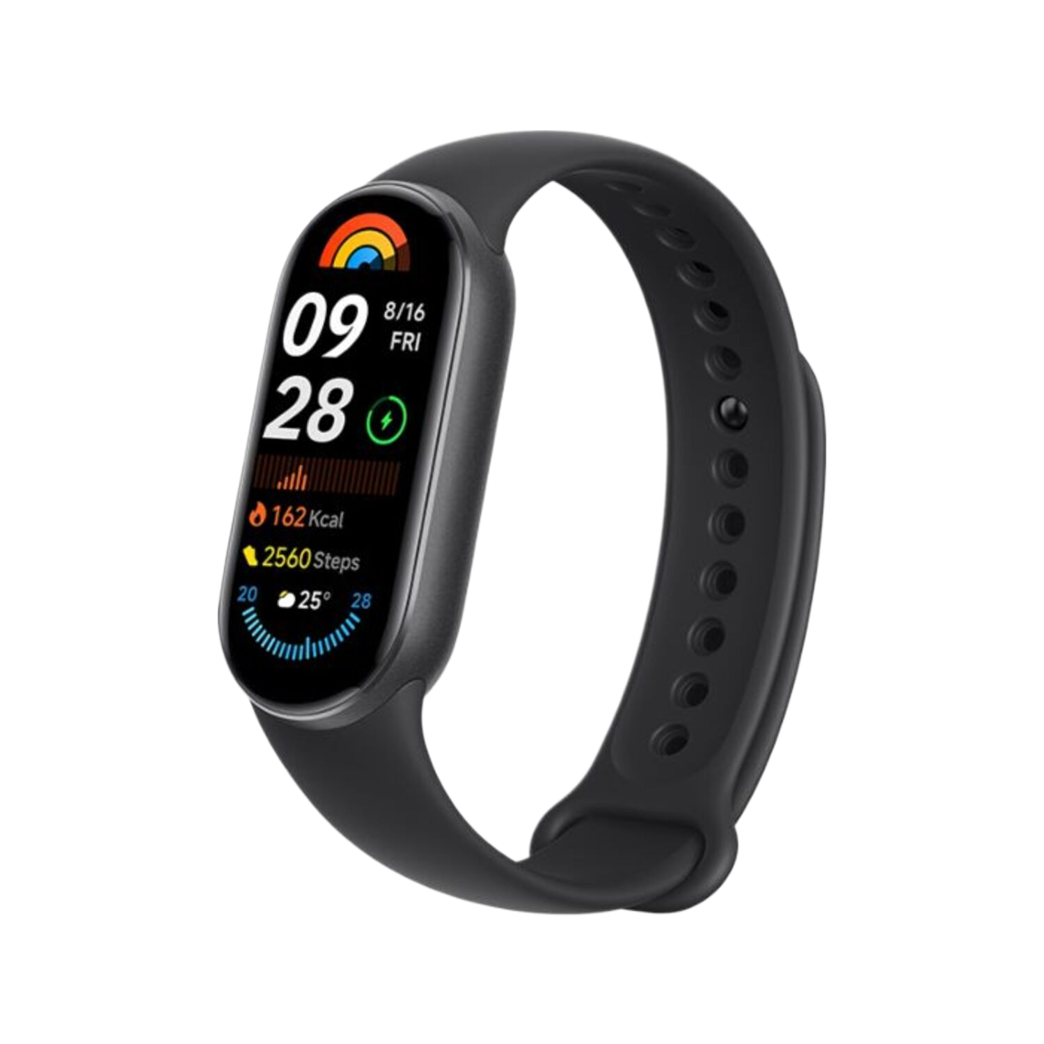 Zwarte Mi Smart Band. Het scherm toont de datum, tijd, stappen en verbrande calorieën.