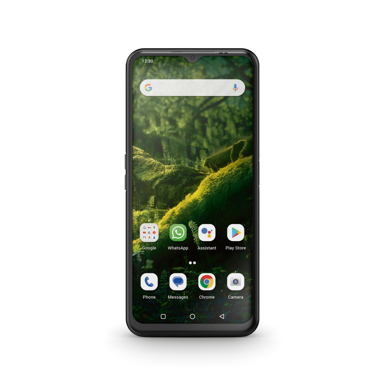 A black smartphone with a green forest wallpaper, showing app icons on the screen.