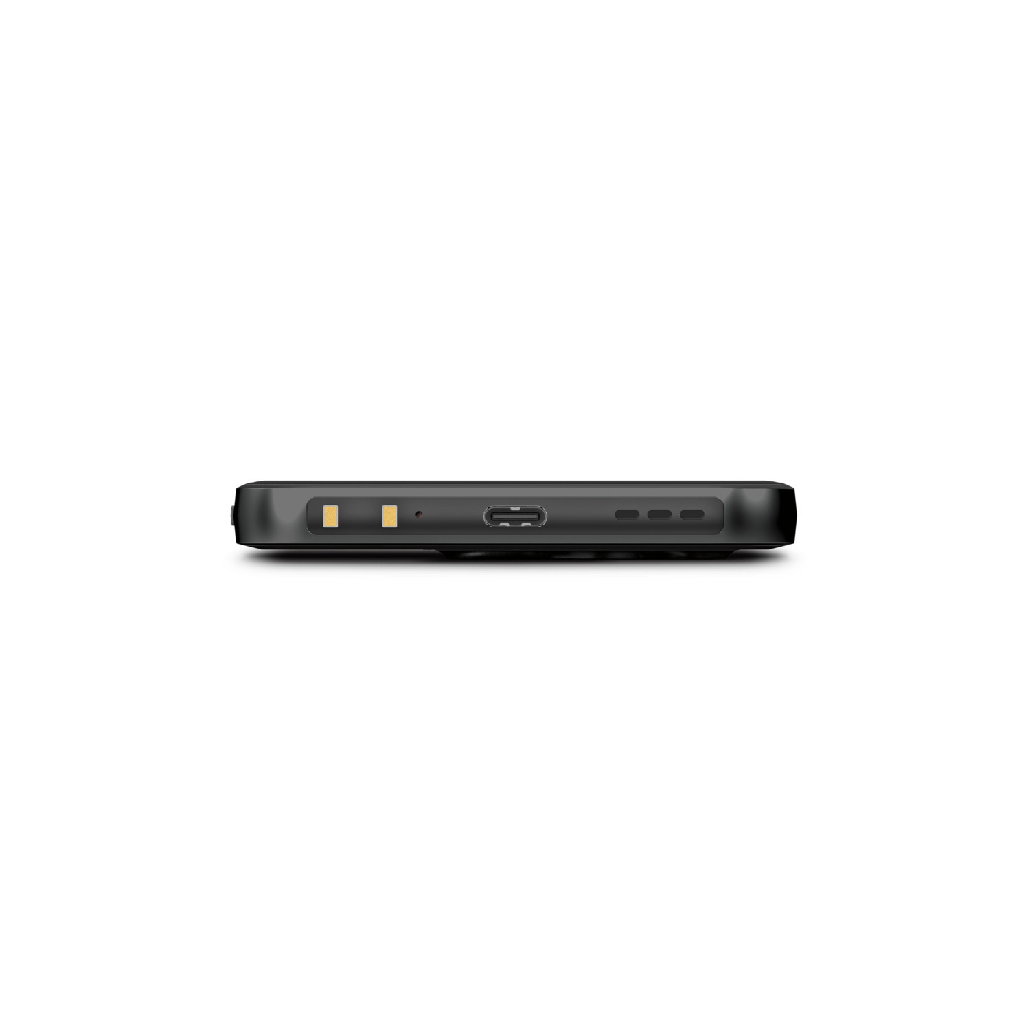 Black device's bottom with a charging port and other ports on a white background.