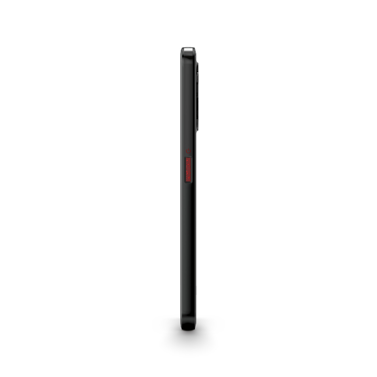 Side view of a black smartphone with a red button.