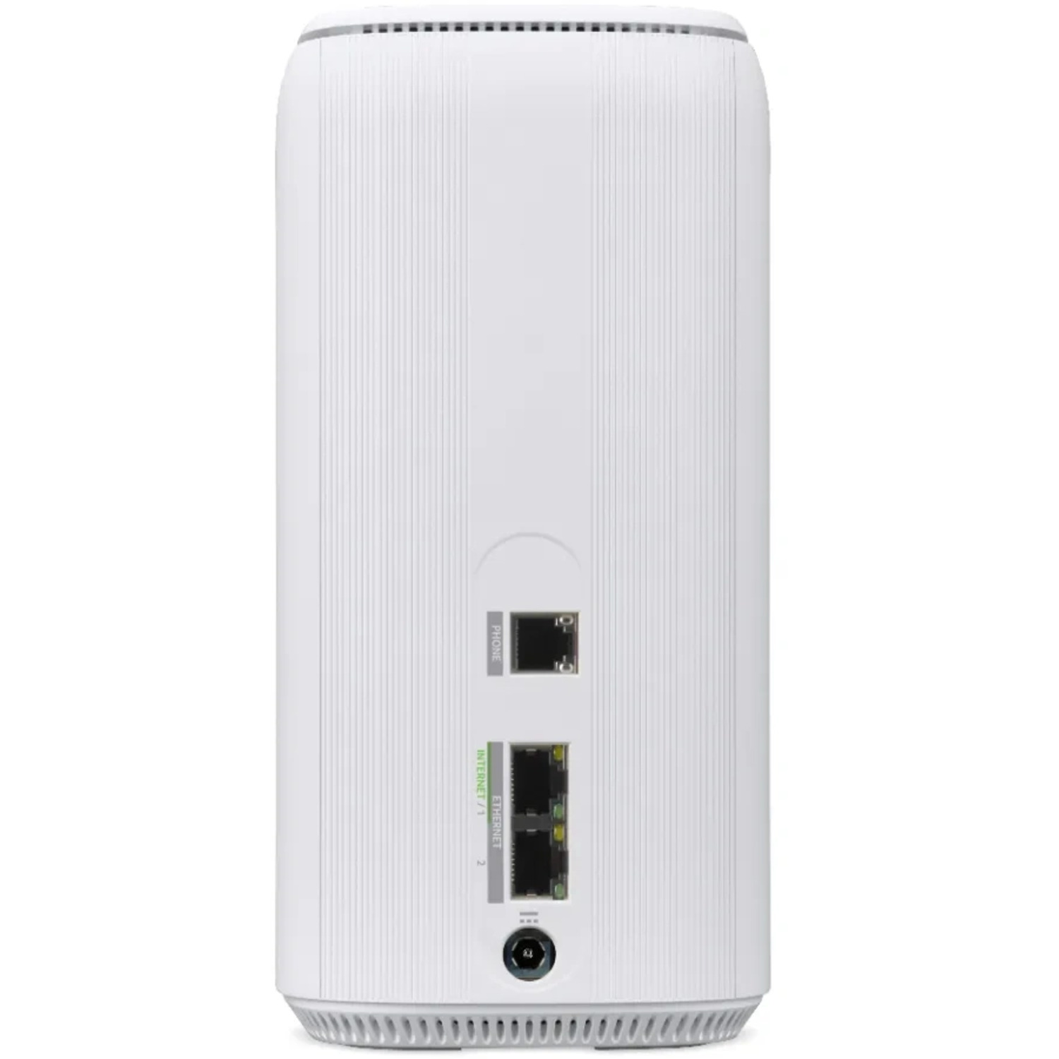 The back of a white router with ports.