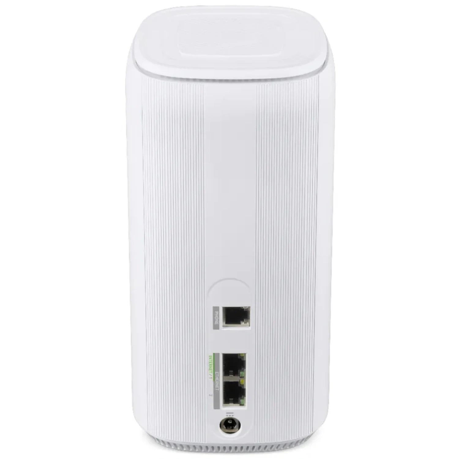 A white router with a tall, cylindrical design, showing ports on the back.