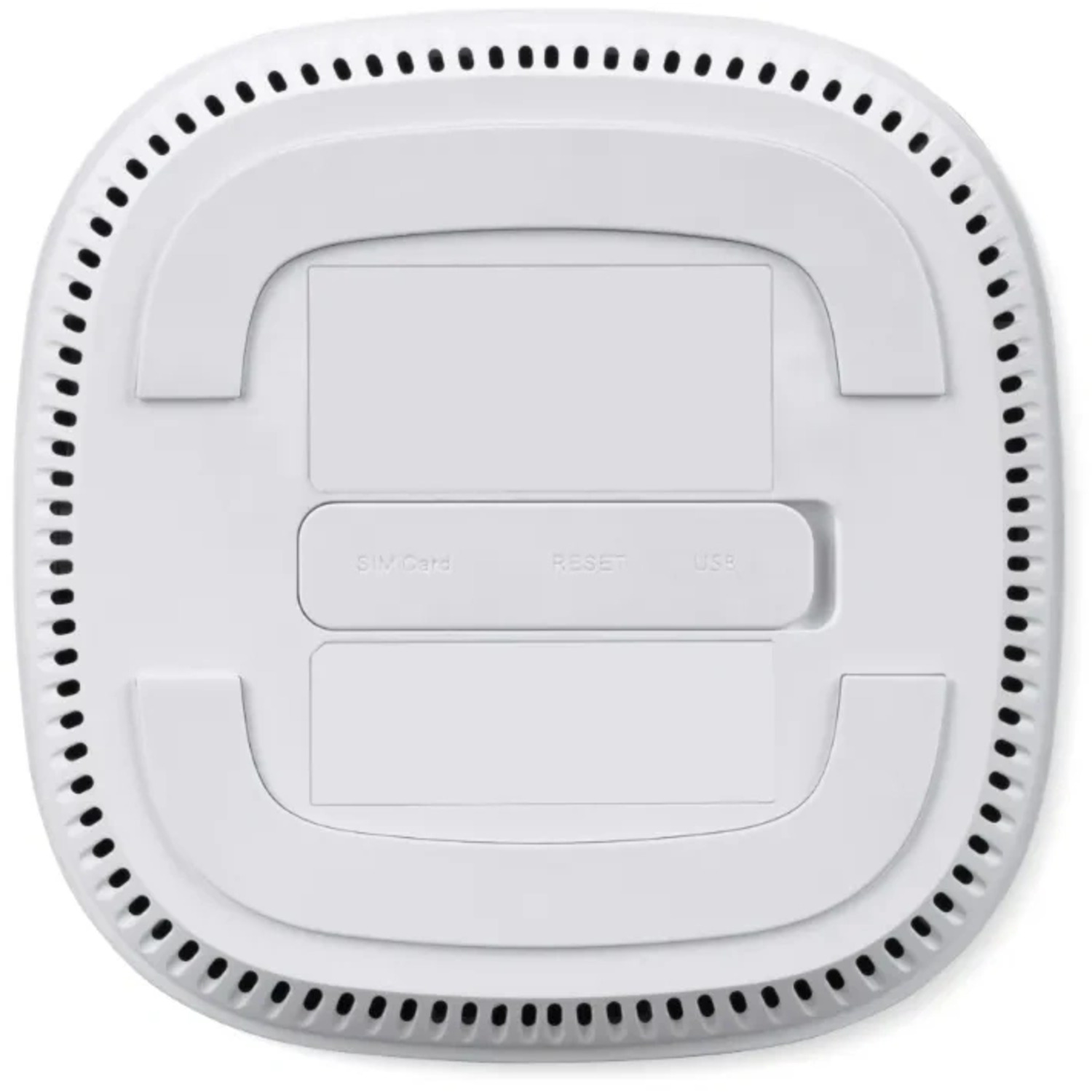 A white, circular device with slots and labels. 'SIM Card', 'RESET', and 'USB' are visible.