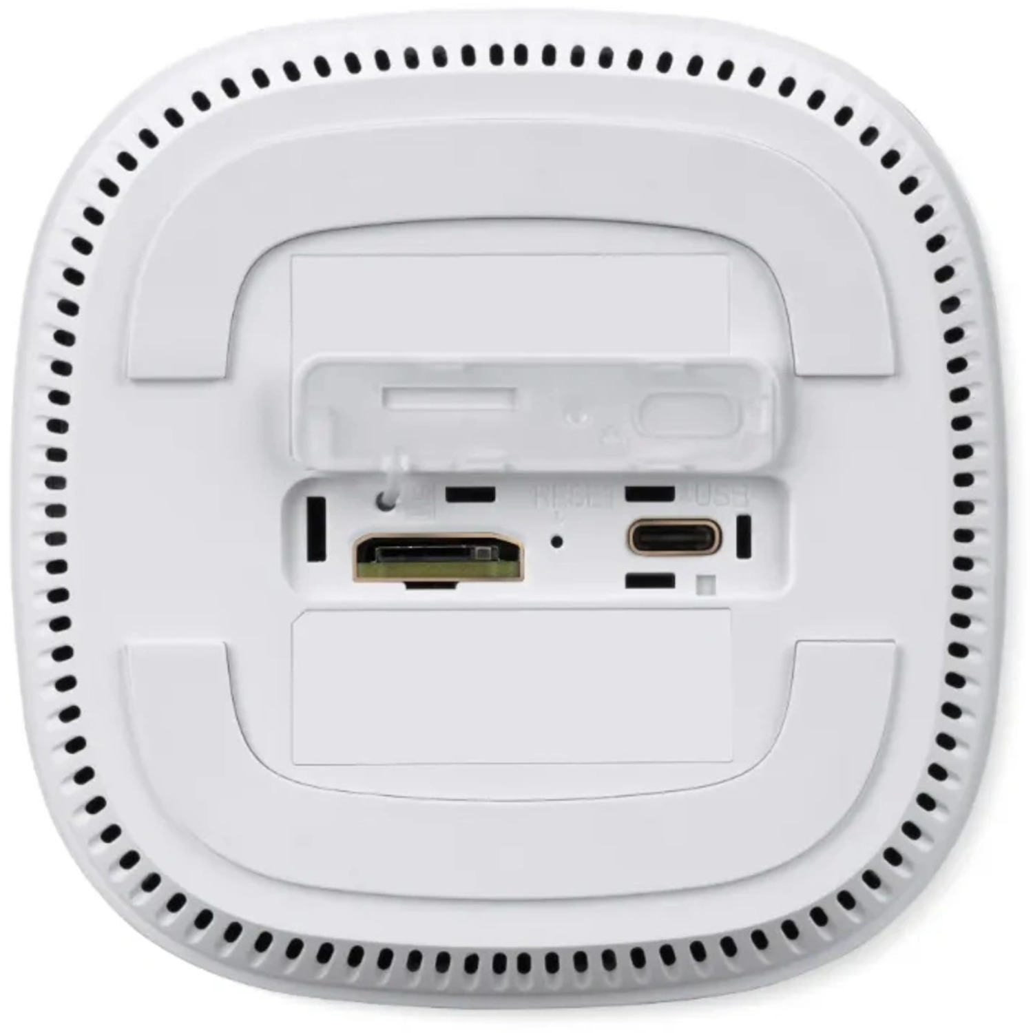 White device with multiple ports. HDMI, USB, and reset buttons are visible.