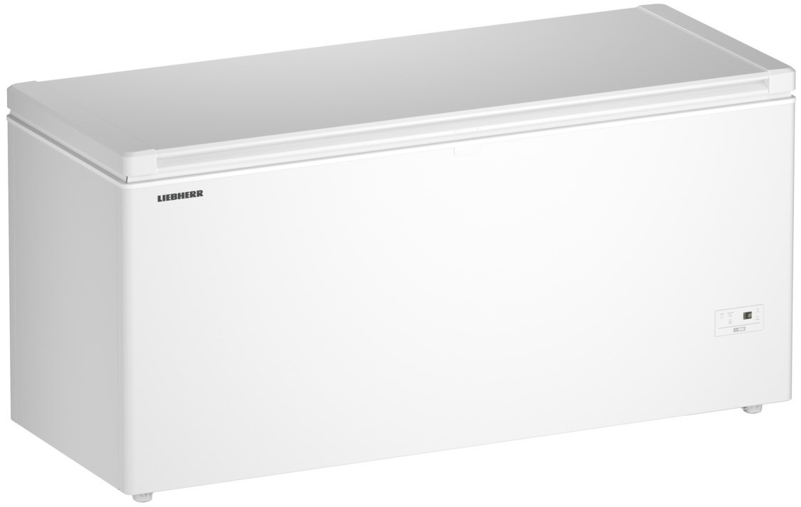 Biała zamrażarka skrzyniowa z pokrywą. Ma logo Liebherr z przodu.
