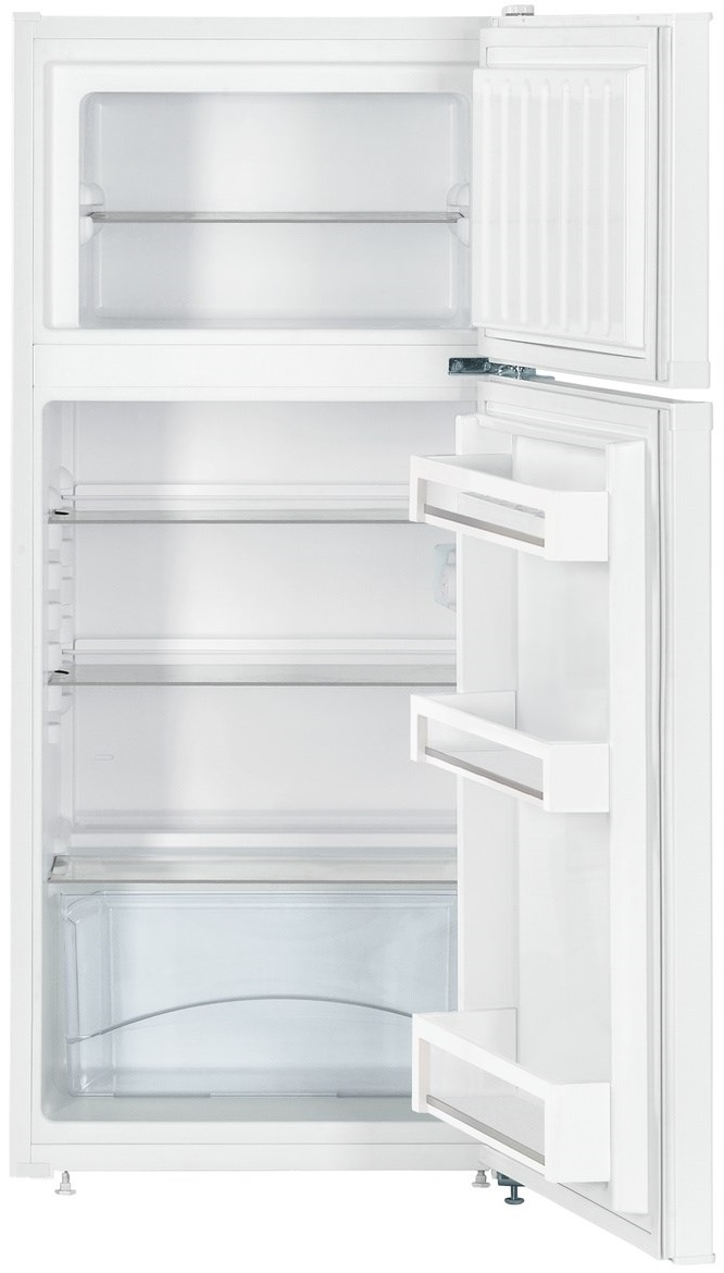 Biała otwarta lodówka. Widoczne półki i szuflady.