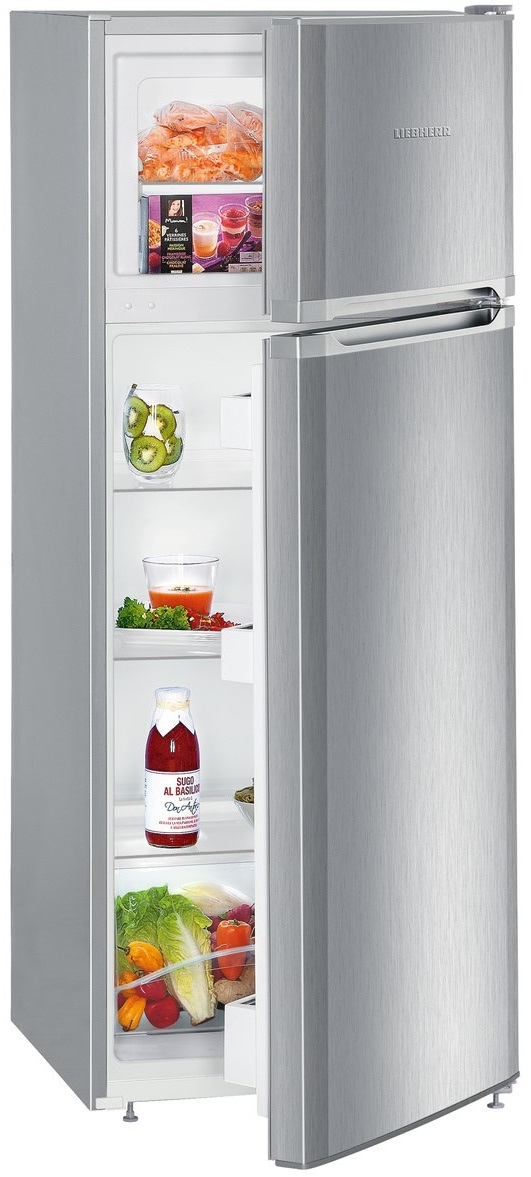 Srebrna lodówka z otwartymi drzwiami, pokazująca zawartość: żywność, warzywa i napoje.