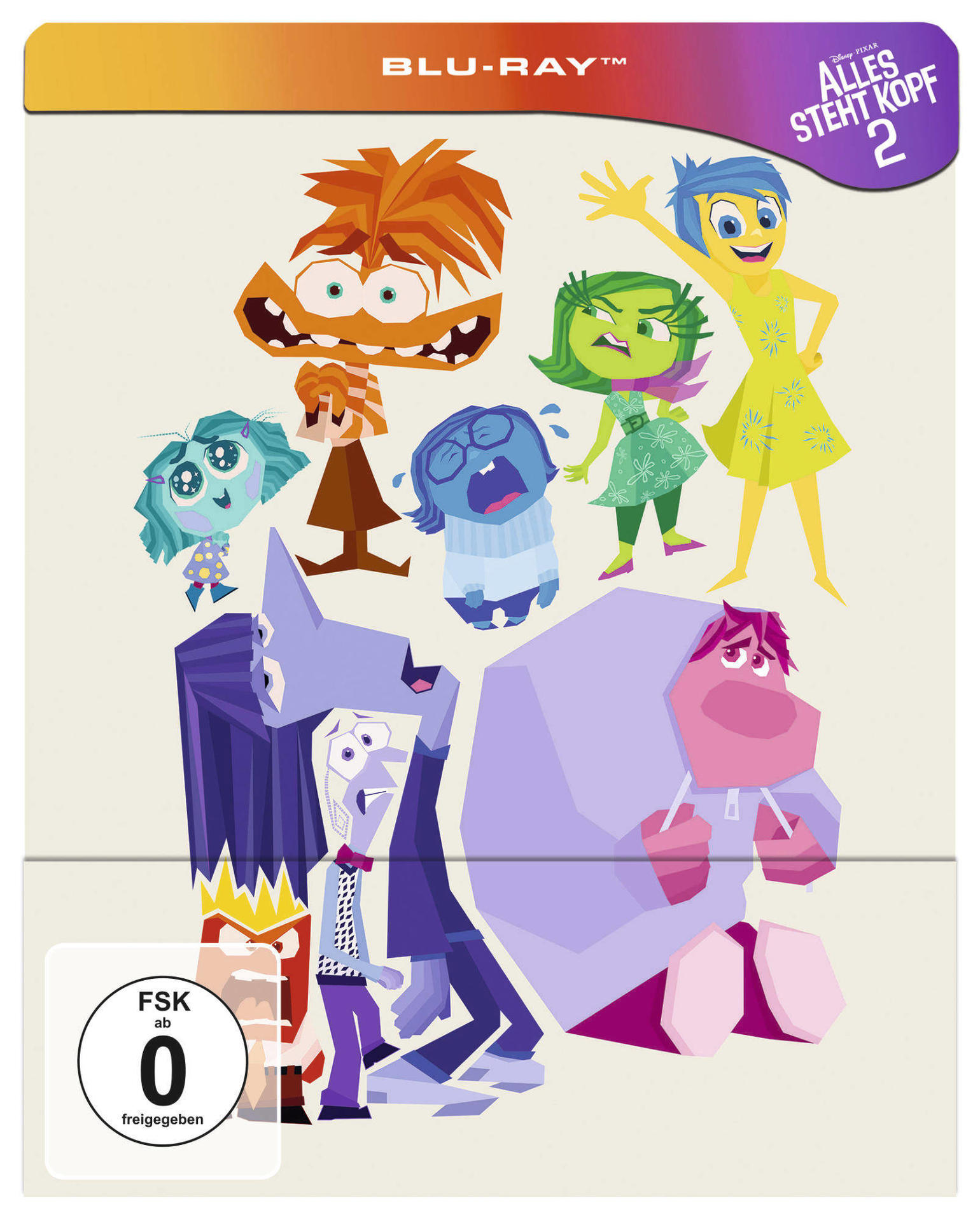 Blu-ray-Cover für einen Animationsfilm. Enthält bunte Zeichentrickfiguren aus dem Film Alles steht Kopf 2.