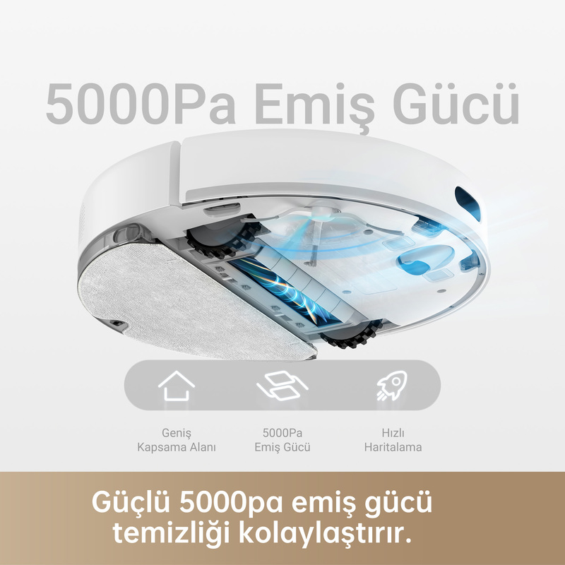 Emiş gücünü ve özelliklerini gösteren bir grafik ile beyaz bir robot süpürge.
