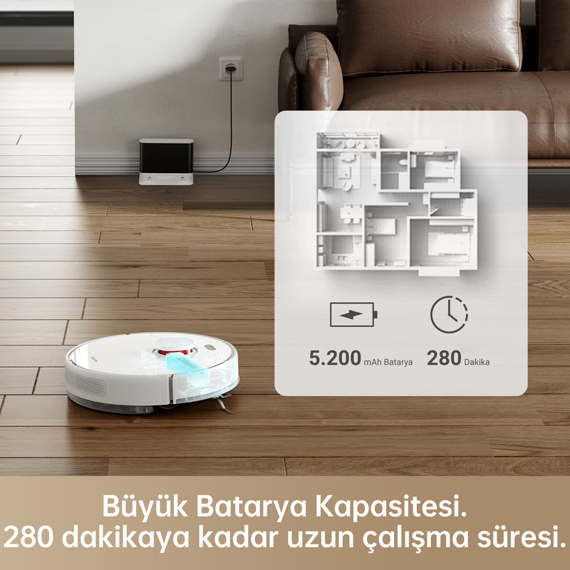 Robot süpürge, ahşap bir zemini temizliyor. Bilgi paneli pil ve süreyi gösterir.