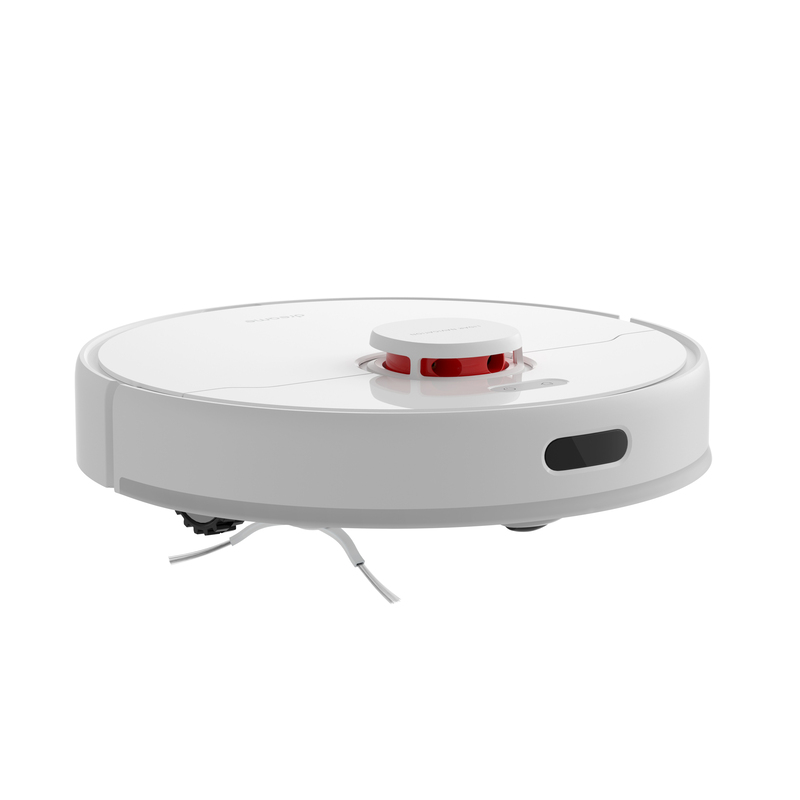 Kırmızı üst ve fırçaları olan beyaz robot süpürge.