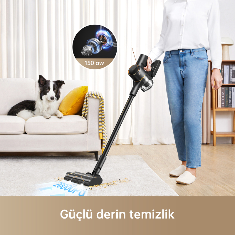 Bir kadın siyah bir elektrik süpürgesiyle halıyı süpürüyor; bir köpek kanepede oturuyor.