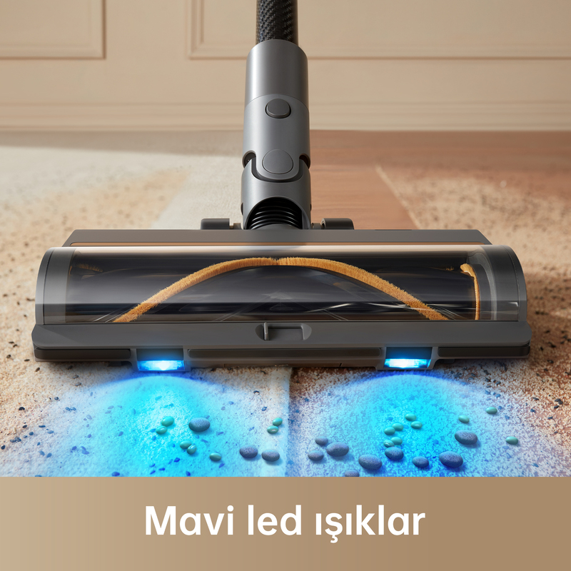 Halı temizleyen elektrikli süpürge başlığı, mavi LED ışıkları ve detayları gösteriyor.