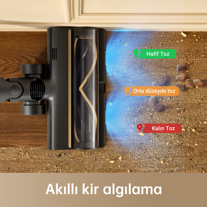 Ahşap bir zemini farklı toz türleri için işaretlerle temizleyen elektrikli süpürge başlığı.