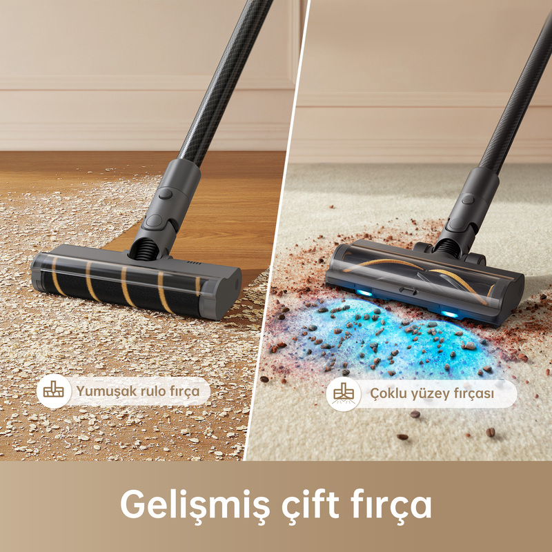 İki elektrikli süpürge başlığı, biri ahşapta ve biri halıda, çeşitli döküntüleri temizliyor.