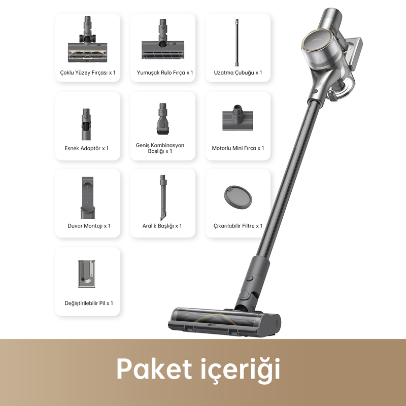 Türkçe etiketlerle vakum temizleyici parçaları, çeşitli fırça başlıkları ve aksesuarlar dahil.