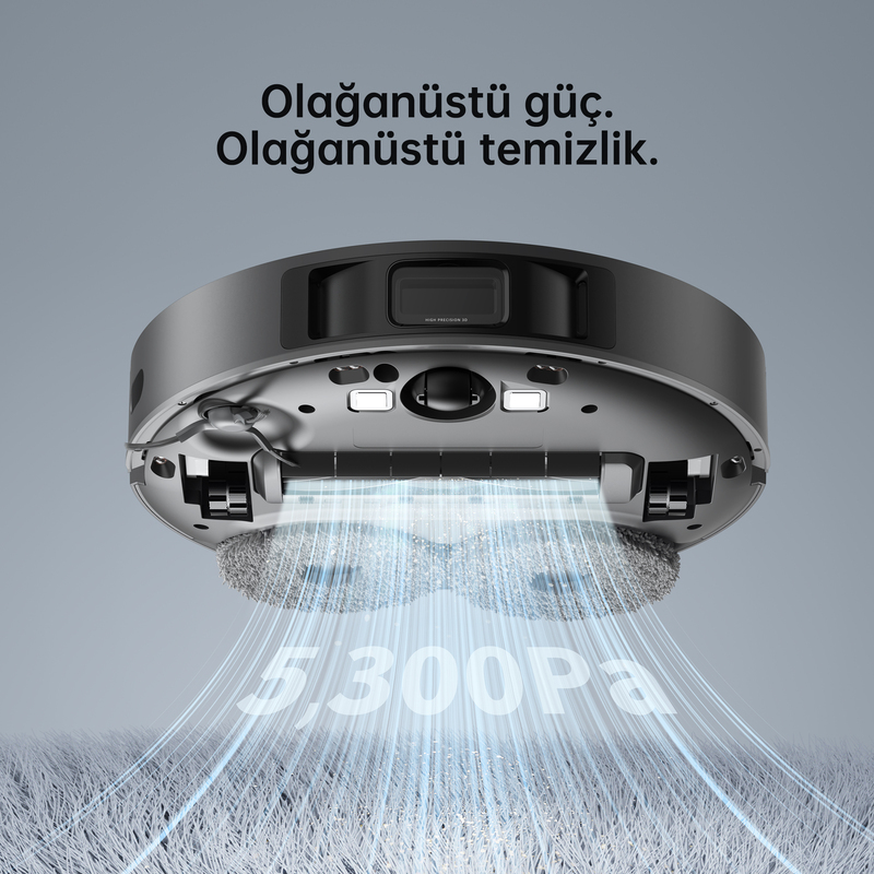 Güç ve temizlik hakkında metin içeren robot süpürge. Gri zemin.