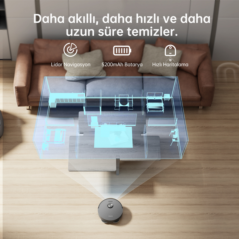 Ahşap zeminde robot süpürge, animasyonlu harita katmanı. Arka planda kahverengi bir kanepe.