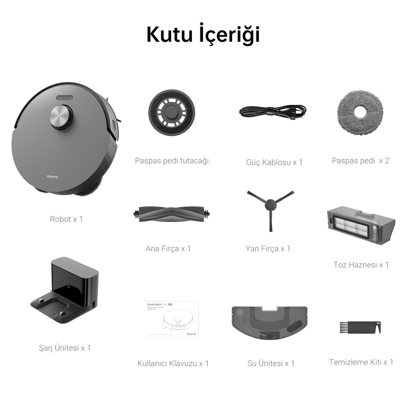 Bir kutudaki öğeler: robot süpürge, fırçalar, toz haznesi, şarj ünitesi ve daha fazlası.