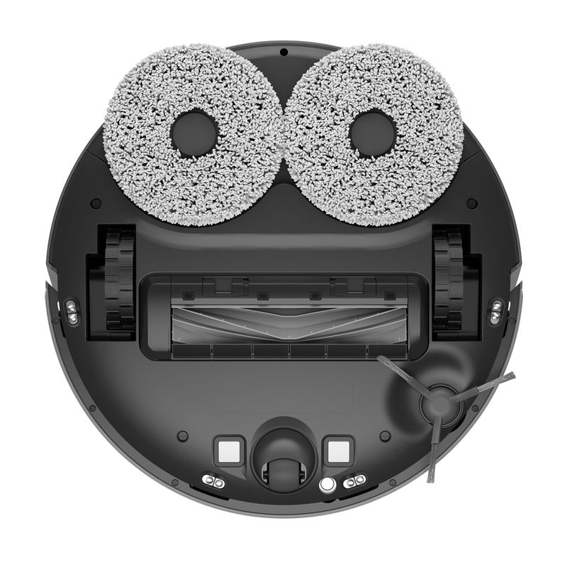 Robot süpürge, yukarıdan görünüm, iki dairesel paspas, tekerlekler ve merkezi bir fırça ile.