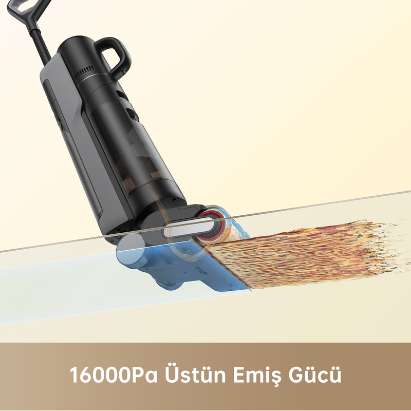 Bir yüzeyi temizleyen saplı siyah ve gri elektrik süpürgesi. Metin '16000Pa Üstün Emiş Gücü' yazıyor.
