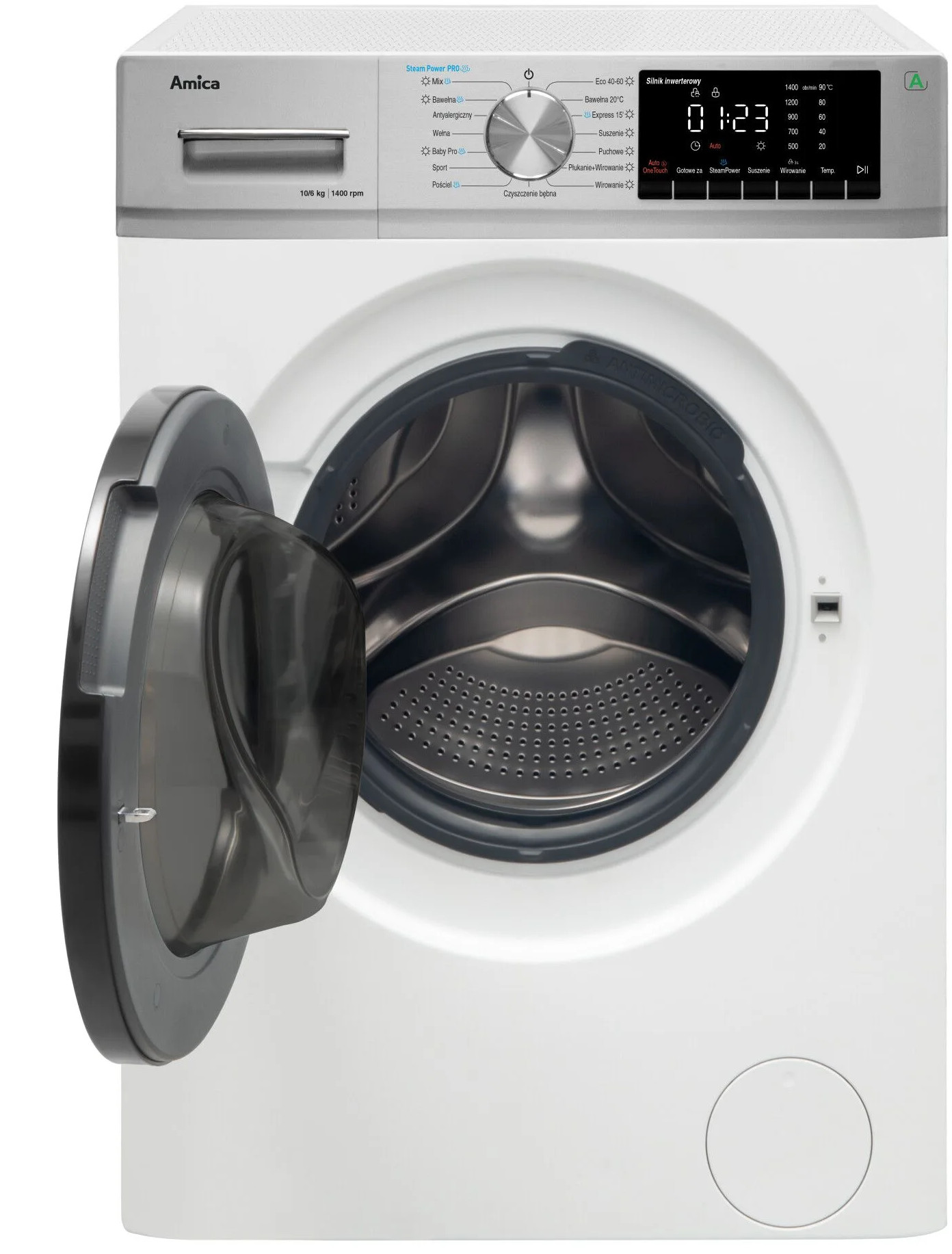 Biała pralka z otwartymi drzwiami. Widoczny bęben wewnętrzny.