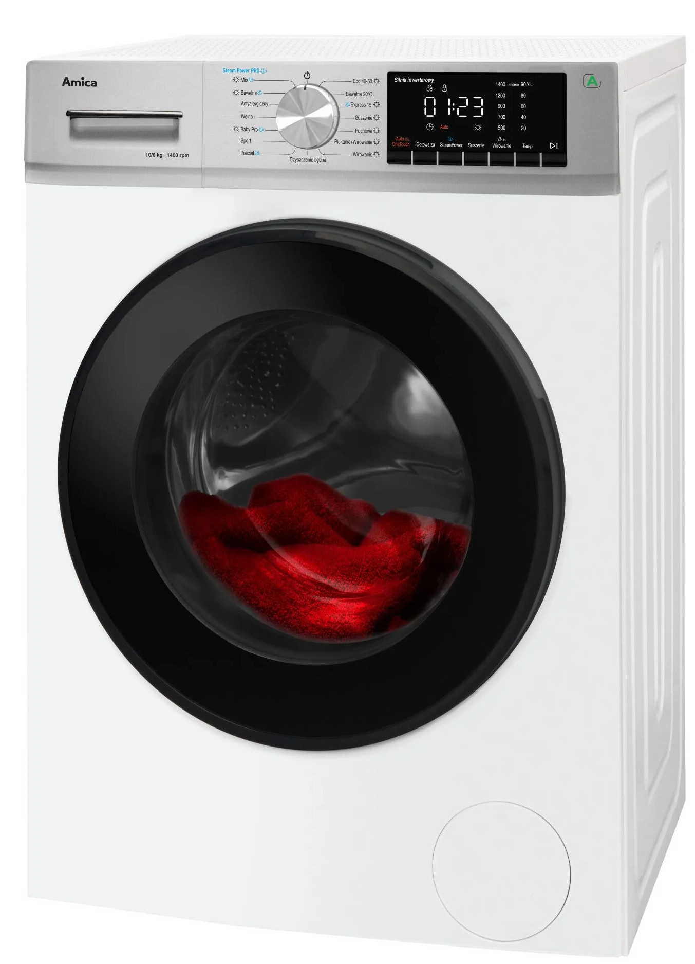 Biała pralka z czarnymi drzwiami, pokazująca czerwone ubrania wewnątrz bębna.