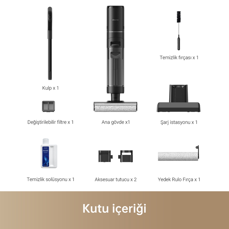 Ana gövde, fırça ve aksesuarlar dahil olmak üzere elektrikli süpürge parçaları, beyaz bir yüzey üzerinde.