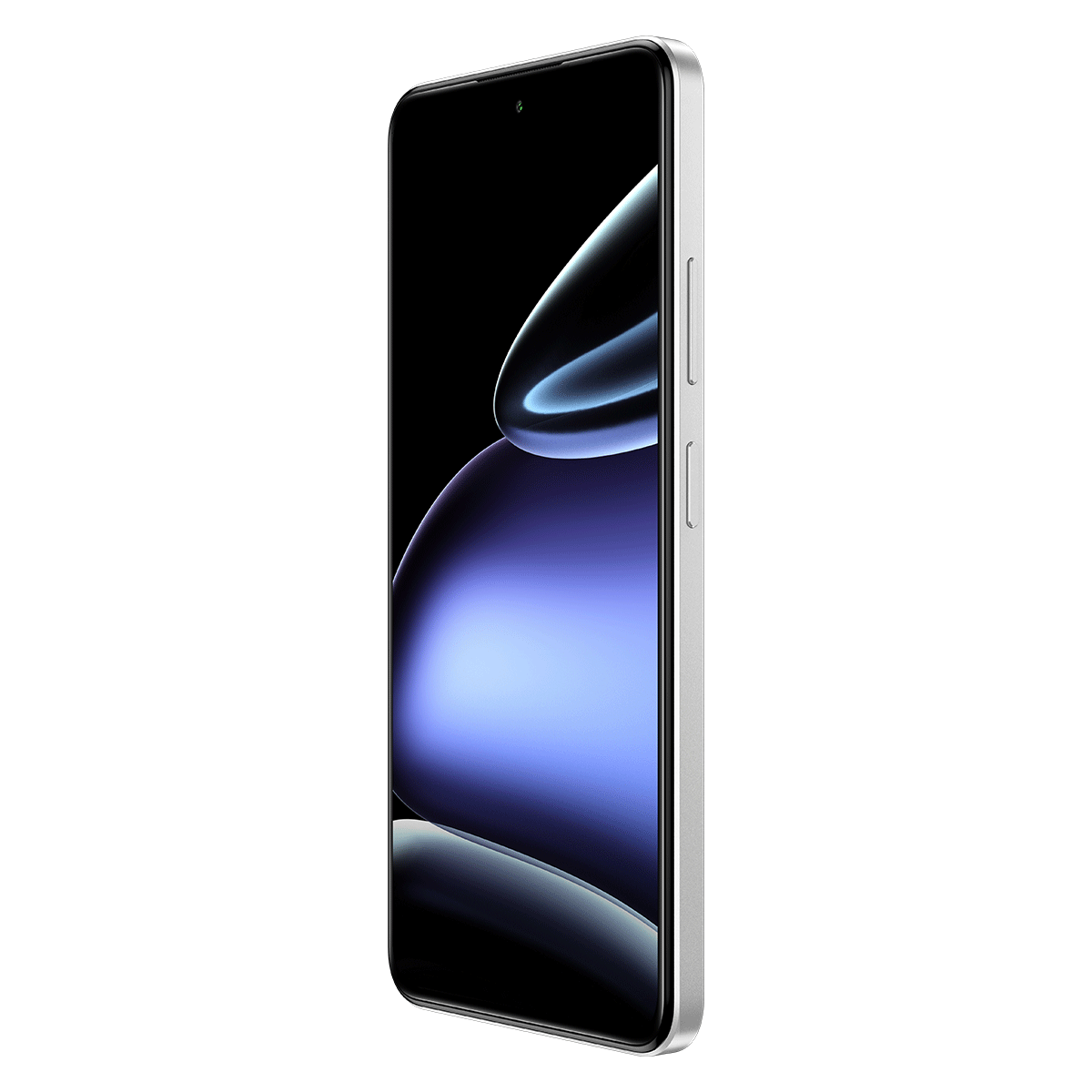 Gümüş akıllı telefon, mavi ve beyaz soyut bir tasarım gösteren geniş bir ekranla.